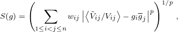       (  ∑      |⟨     ⟩     |)1∕p
S(g)=        wij| ˜Vij∕Vij - gigj|p    ,
       1≤i<j≤n 