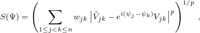       (                          )1∕p
S(Ψ )=    ∑    w  ||˜V  - ei(ψj-ψk)V ||p    ,
       1≤j<k≤n  jk  jk          jk 